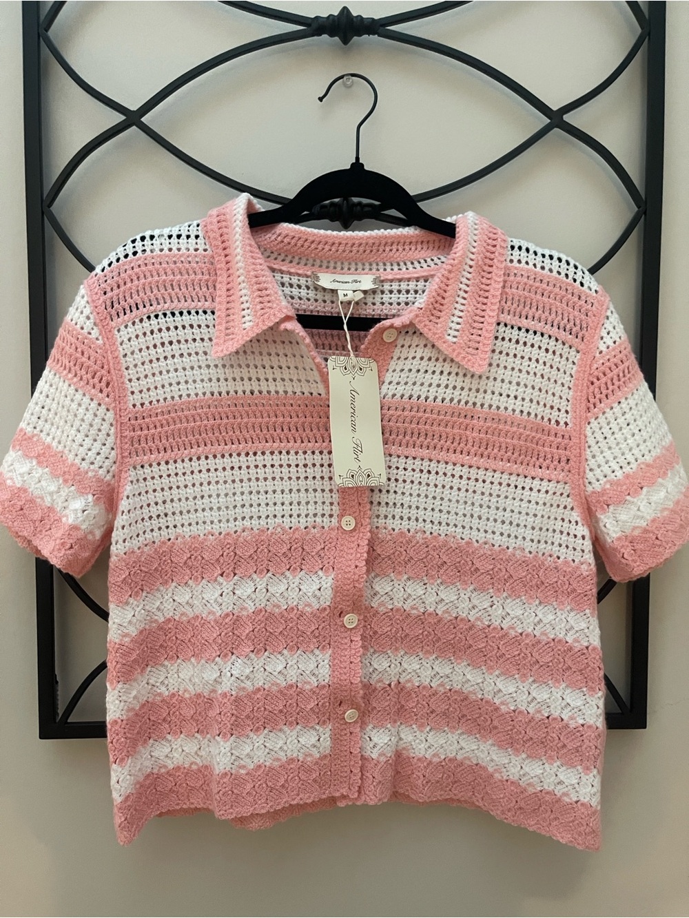 Striped Pink and White Crocheted Short-Sleeve Sweater